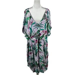 Terra & Sky Purple Green Short Sleeve Floral Dress 2X 20W Plus Tropical V-Neck